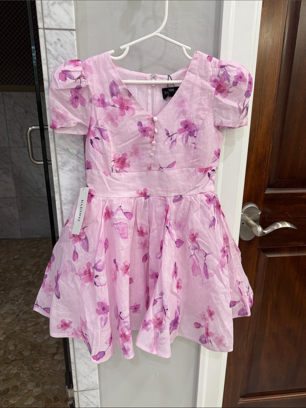 Girls Bardot NWT Pink Puff-Sleeve Floral Dress, size 7